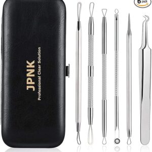 JPNK Blackhead Remover Tool Comedones Extractor Acne Removal Kit for Blemish, Whitehead Popping, 6 Pcs Zit Removing for Nose Face Tools with a Leather Bag