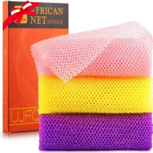 UJFQBH 3 Pieces African Bath Sponge African Net Long Net Bath Sponge Exfoliating Shower Body Scrubber Back Scrubber Skin Smoother,Great for Daily Use (Pink,Yellow,Purple)