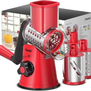 Prime Day Deal 33%Off Geedel Rotary Cheese Grater, Kitchen Mandoline Vegetable Slicer with 3 Interchangeable Blades, Easy to Clean Grater for Fruit, Vegetables, Nuts