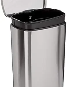 Amazon Basics Smudge Resistant Rectangular Trash Can With Soft-Close Foot Pedal, Brushed Stainless Steel, 50 Liter/13.2 Gallon, Satin Nickel Finish, 16.7"L x 14.7"W x 25.9"H